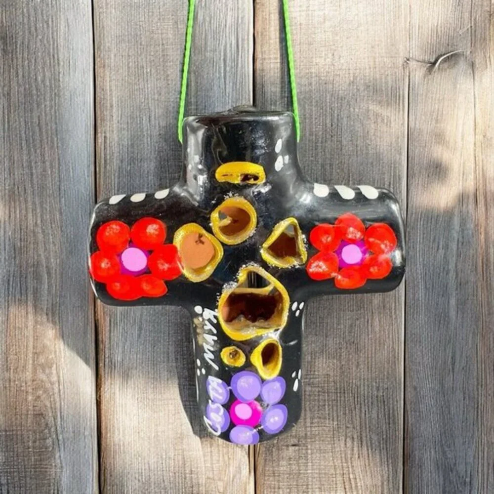 Hand Made‎ RedWare Pottery Mexico Small Ornament Cross Hand Painted Costa Maya
